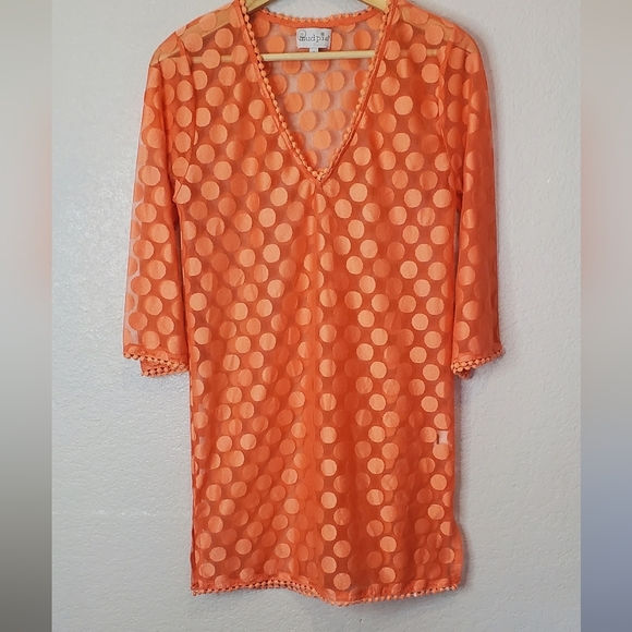 💚5/$25 Mud Pie Coral Sheer Polka Dot Swim Cover-Up Tunic Dress Size Small - Picture 7 of 8